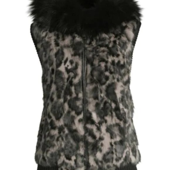 Fox Fur-Trim Leopard-Print Rabbit Fur Vest - Picture 2 of 5